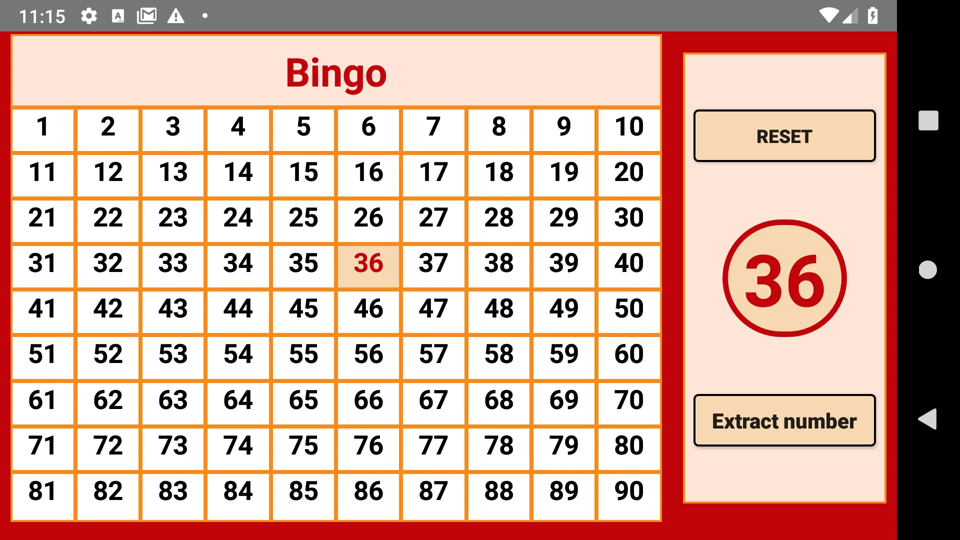 Bingo - numbers extractor - 90 screenshot