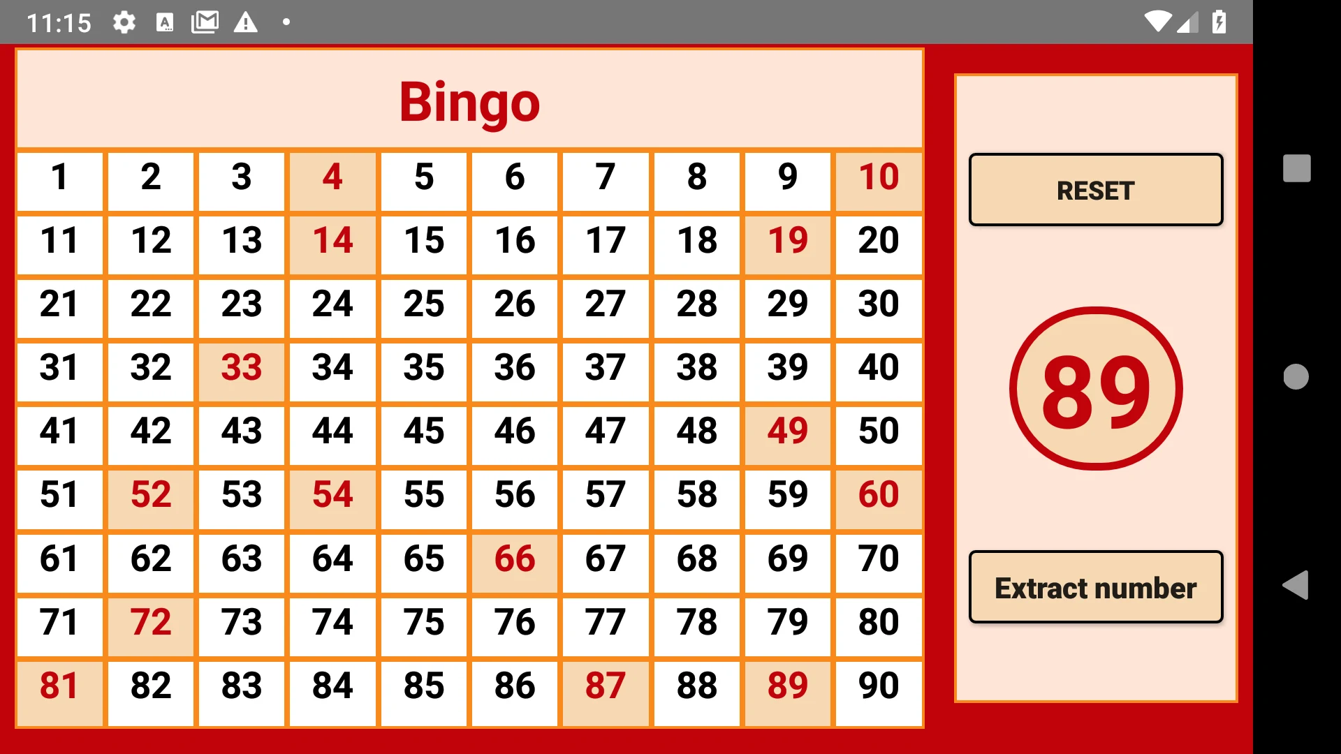 Bingo - numbers extractor - 90 screenshot